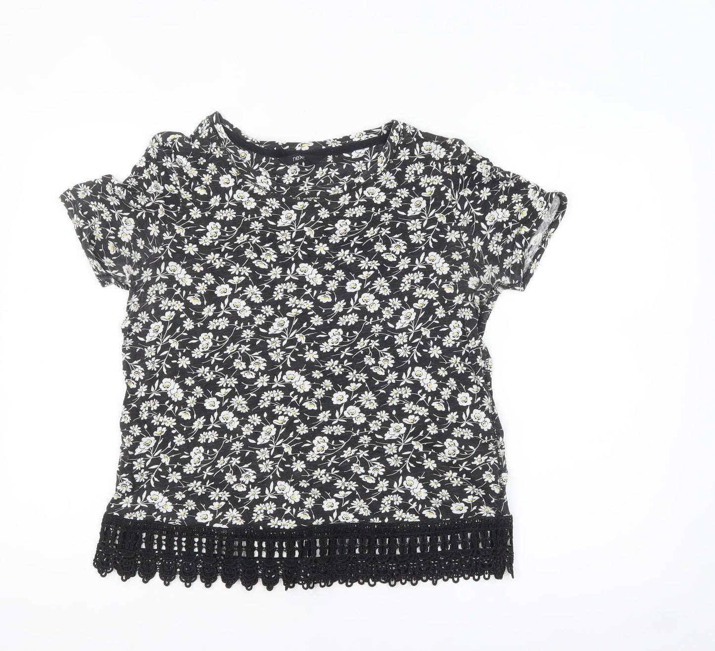 Next Womens Black Floral Crochet Hem Cotton T-Shirt Size 12