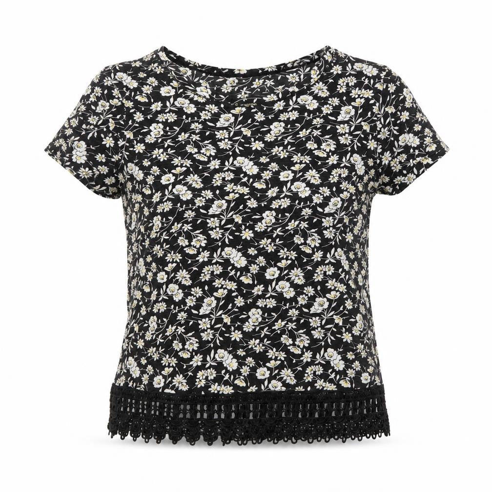 Next Womens Black Floral Crochet Hem Cotton T-Shirt Size 12