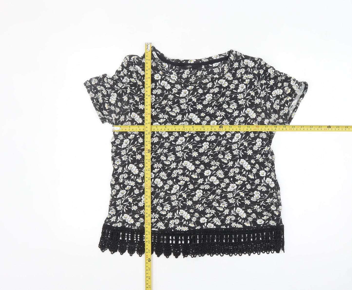 Next Womens Black Floral Crochet Hem Cotton T-Shirt Size 12