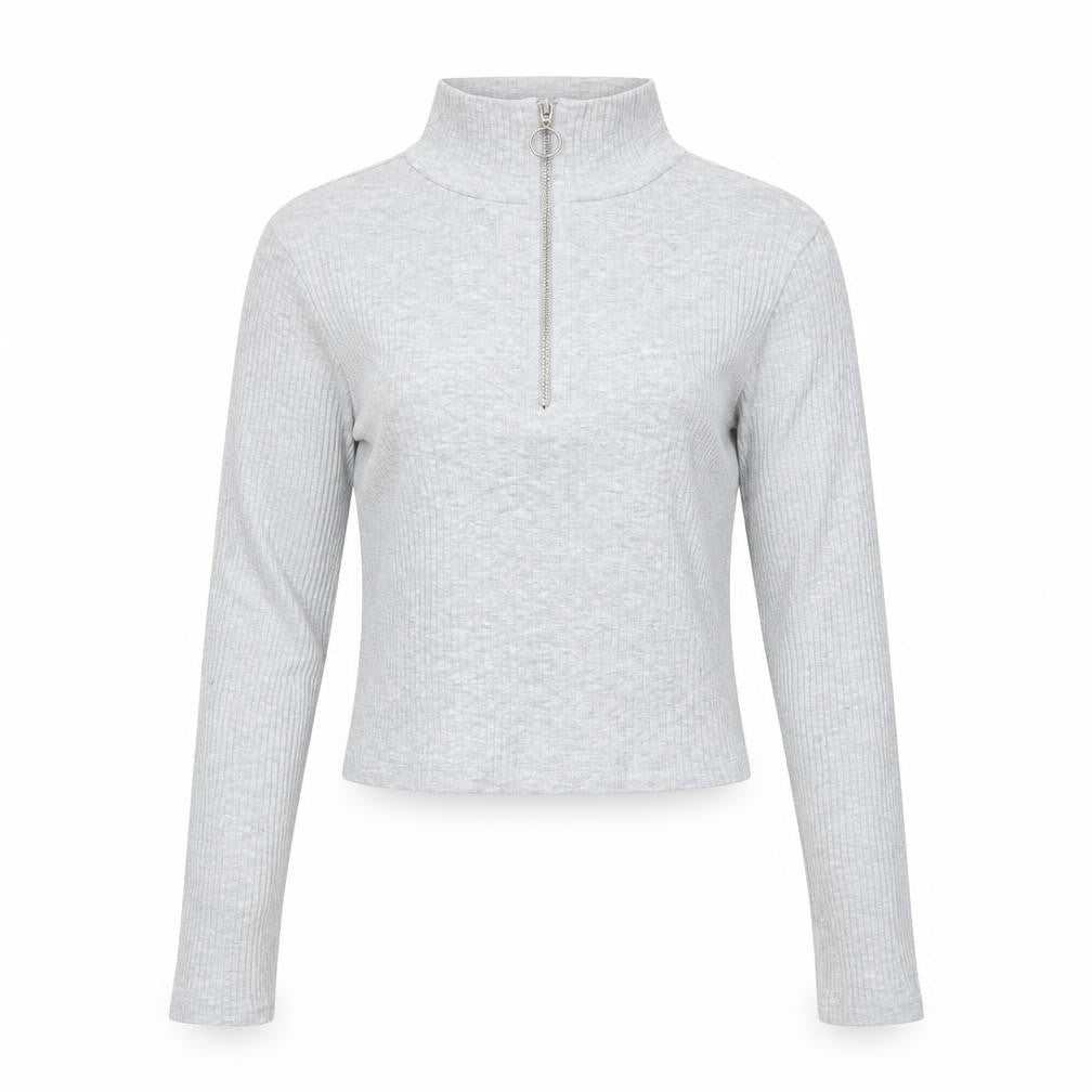 Topshop Women's Grey Cropped Ribbed Half Zip High Neck Top Size 8