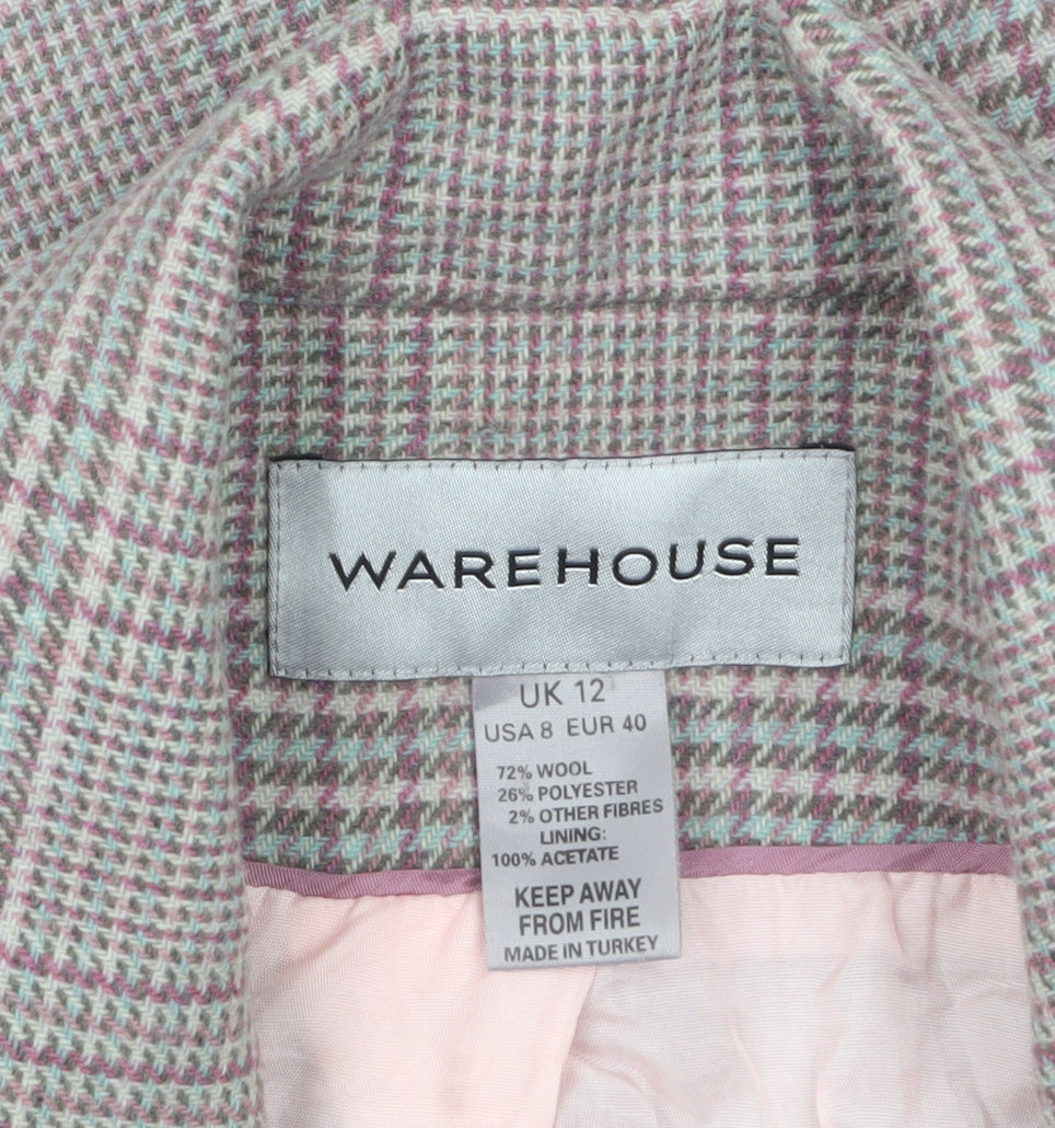 Warehouse Women's Grey Checked Wool Blend Suit Jacket UK 12 Belted