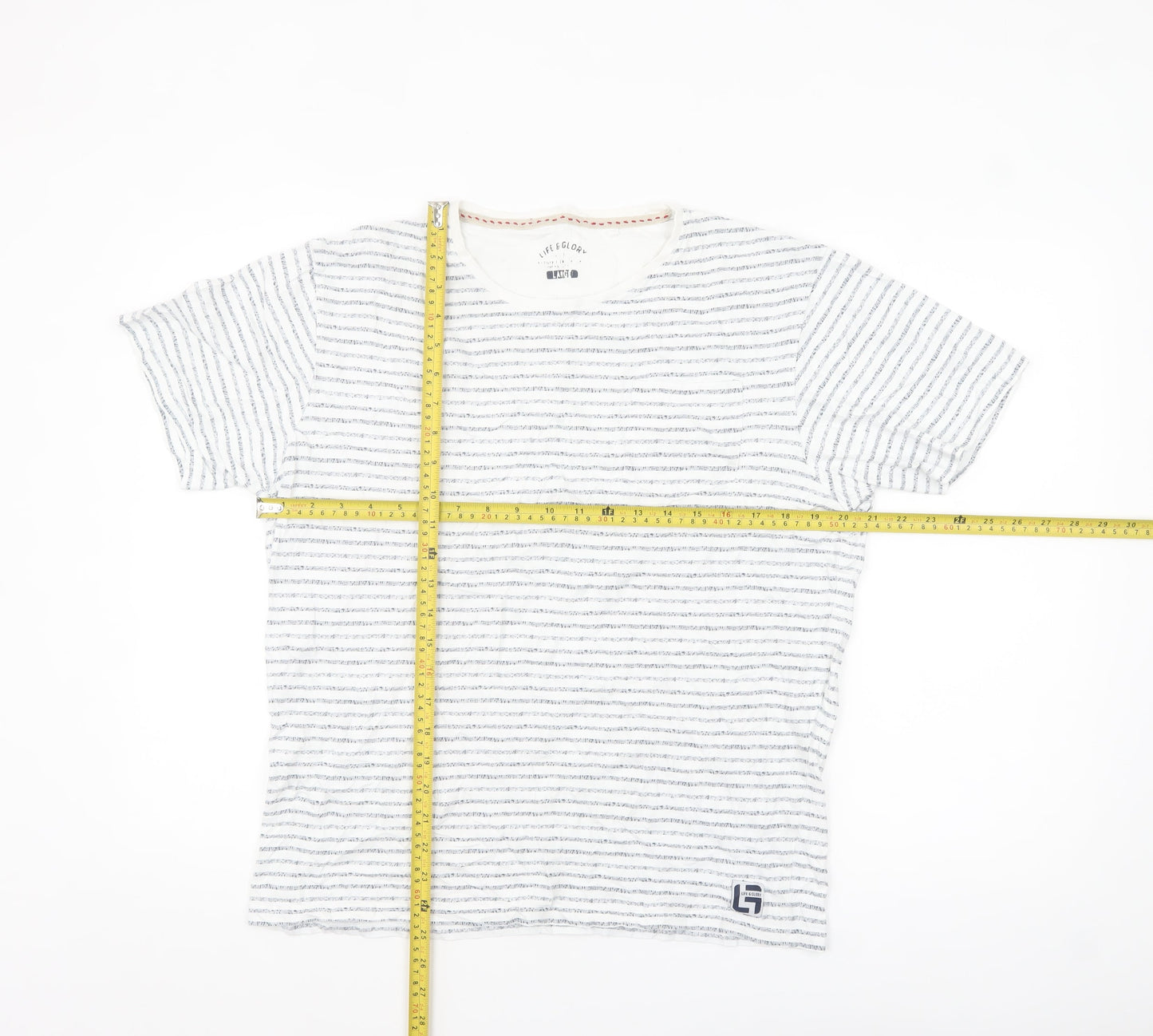 Life & Glory Men's White Striped Cotton Crew Neck T-Shirt - Size L