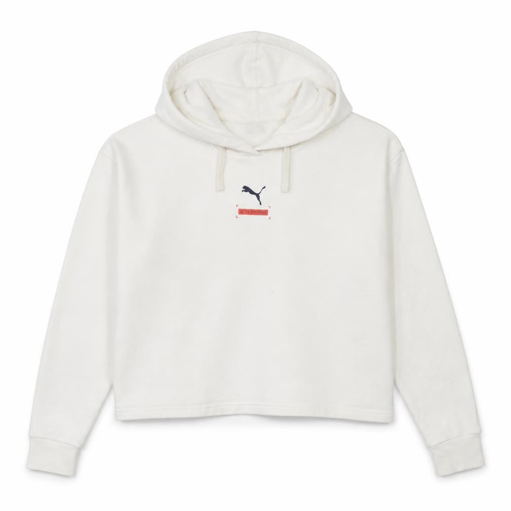 Puma Women White Small Pullover Hoodie Cotton Logo Relaxed Fit