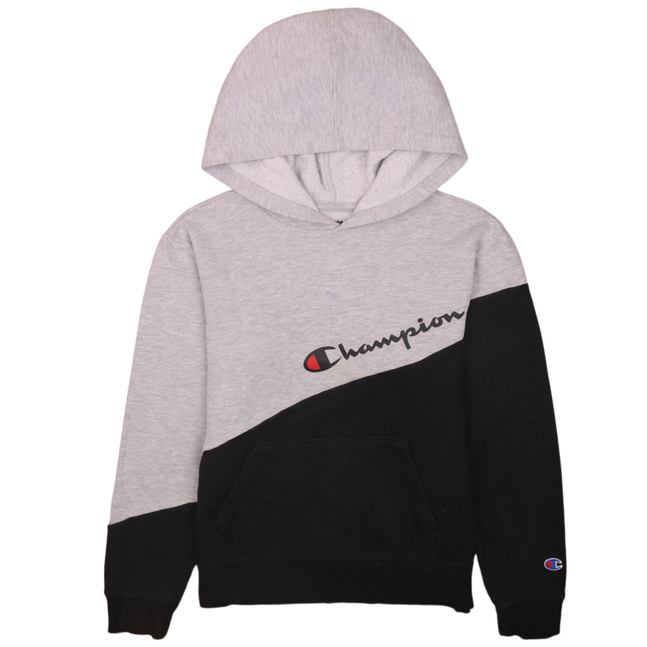 Champion Boys Grey & Black Pullover Hoodie L Colourblock Fleece Sweatshirt