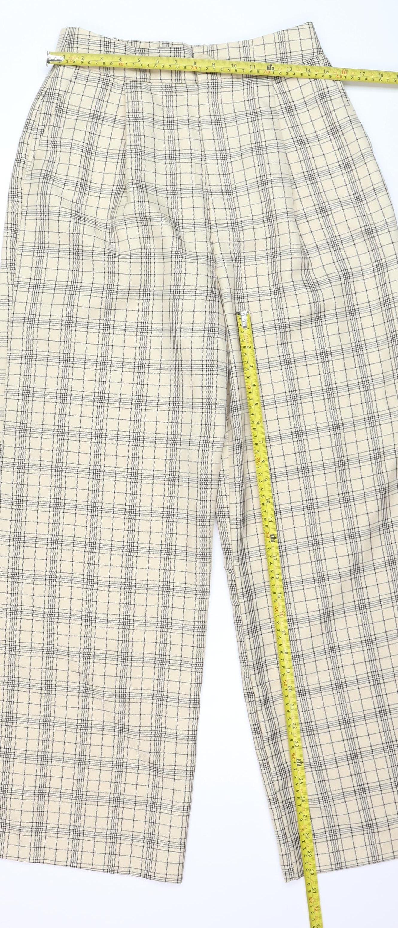 Stradivarius Women Beige Check Pleated Wide-Leg Trousers Size 14