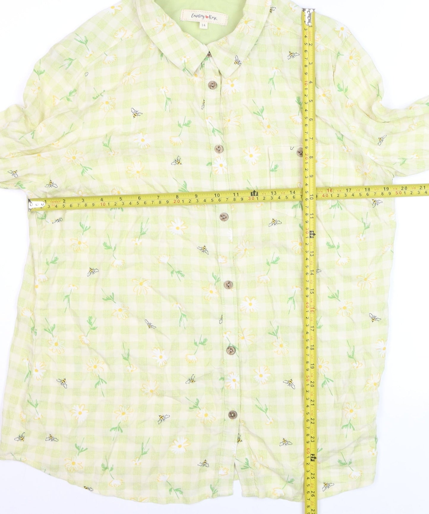 Country Rose Women Green Floral Check Viscose Button-Up Shirt Size 14