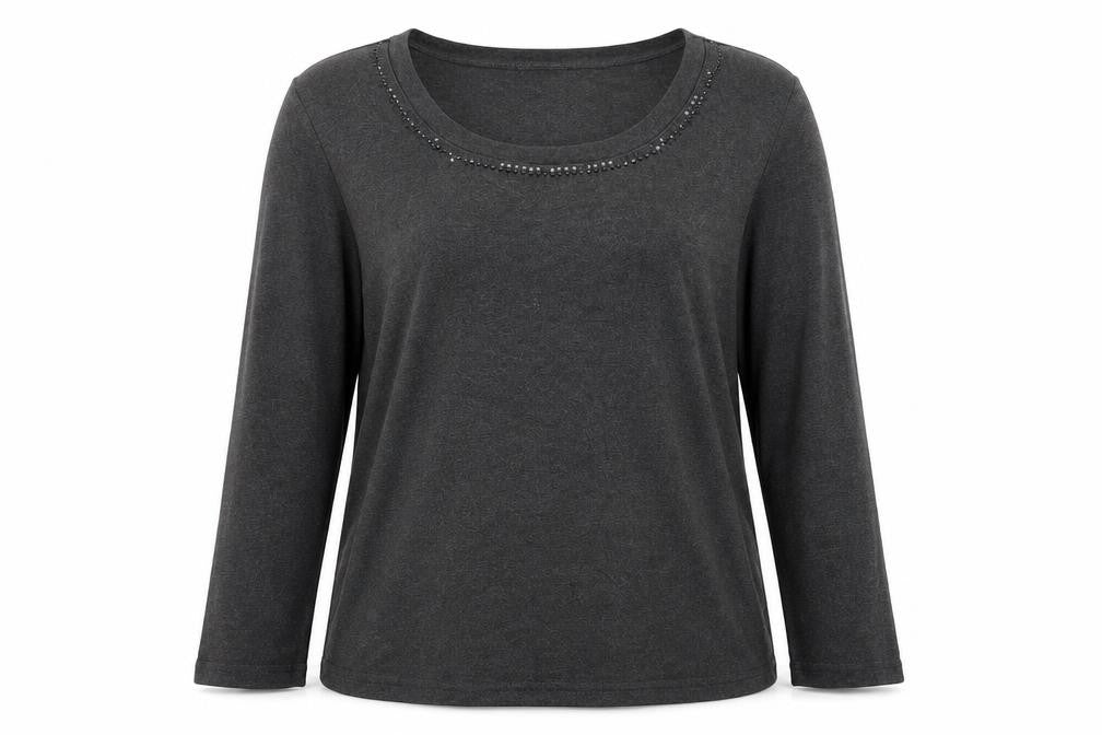 Frank Walder Women's Grey Beaded Long Sleeve Cotton Top Size 20