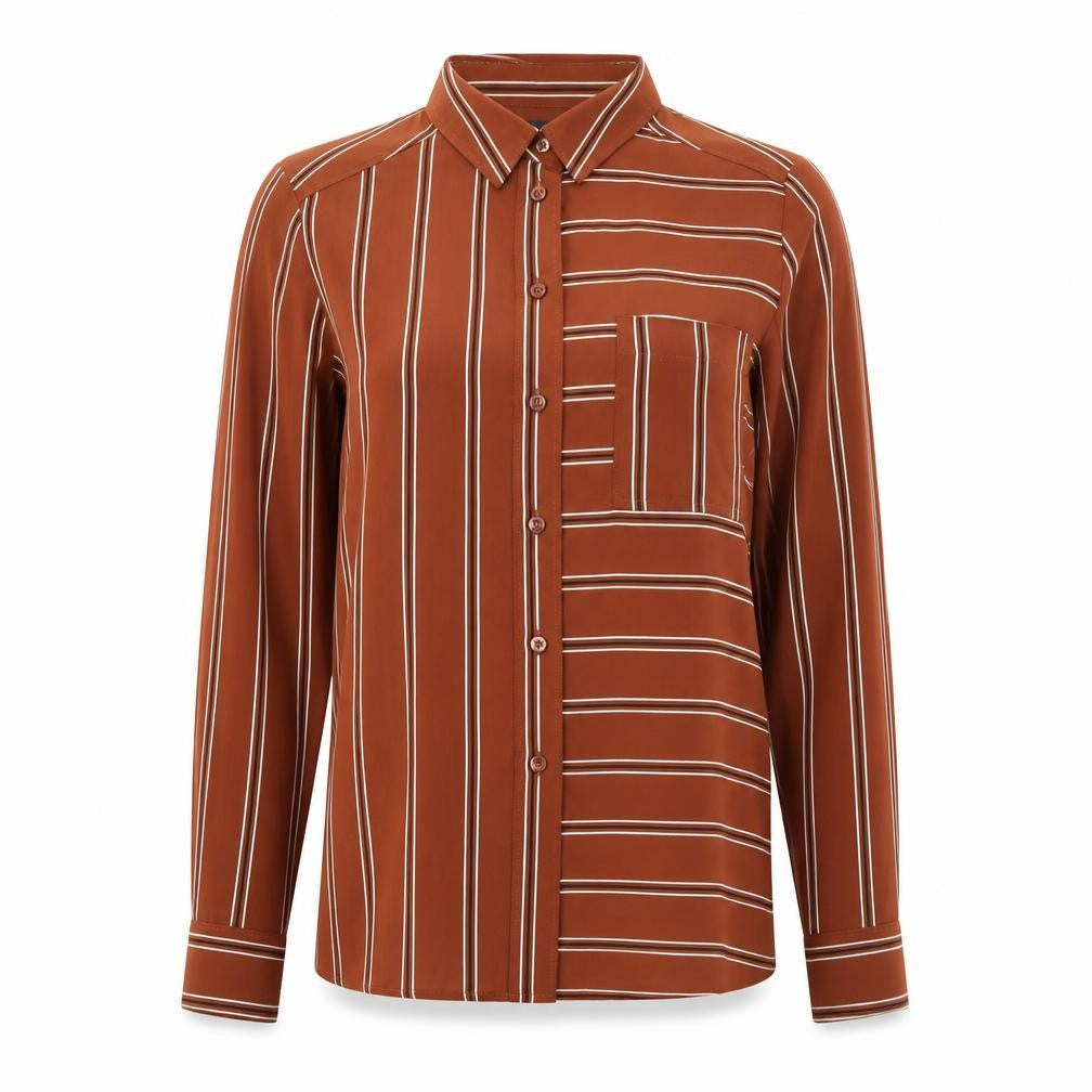 Marks and Spencer Women Brown Striped Long Sleeve Button-Up Shirt UK 10