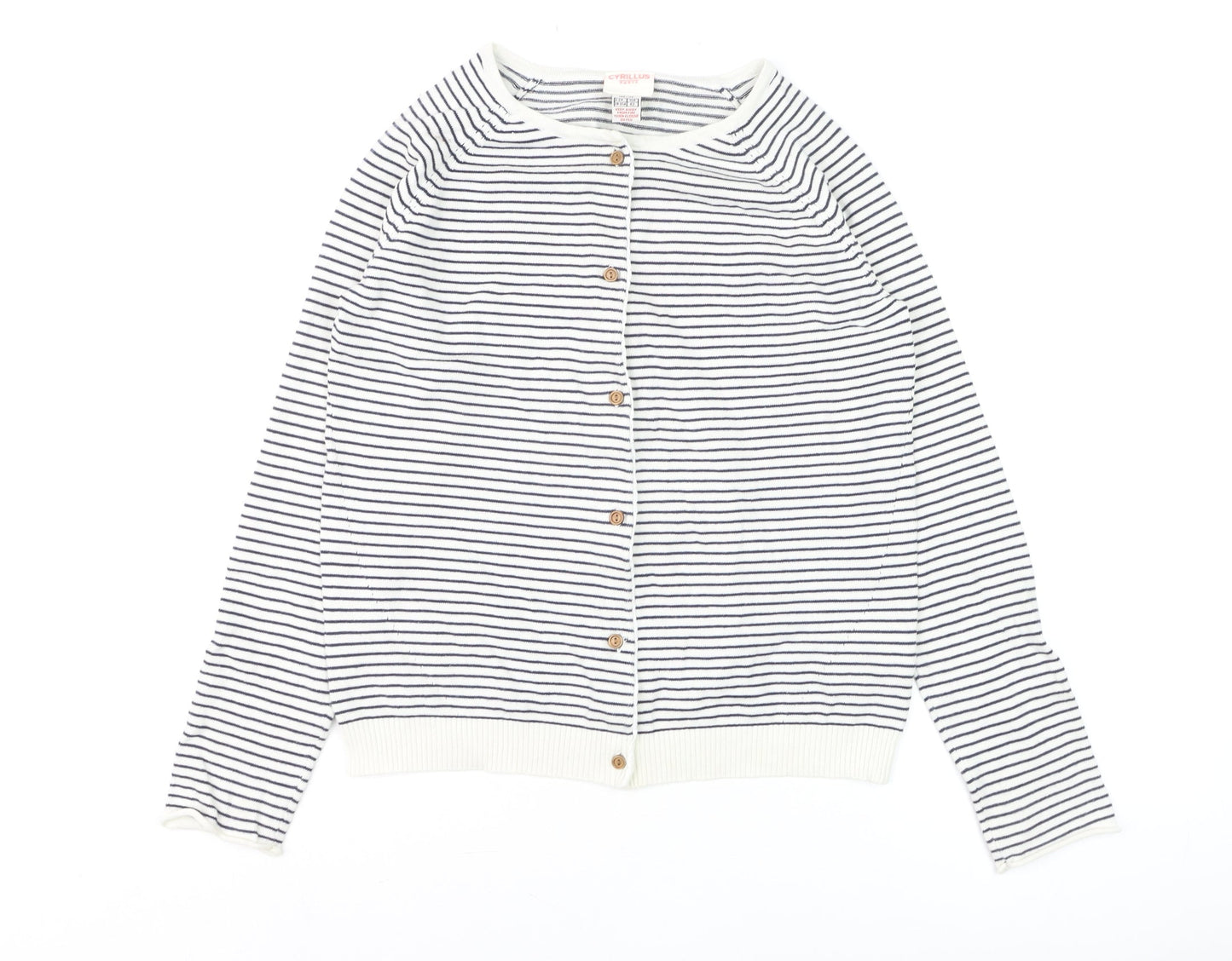 Cyrillus Women's White Striped Cotton Knit Cardigan Size 12