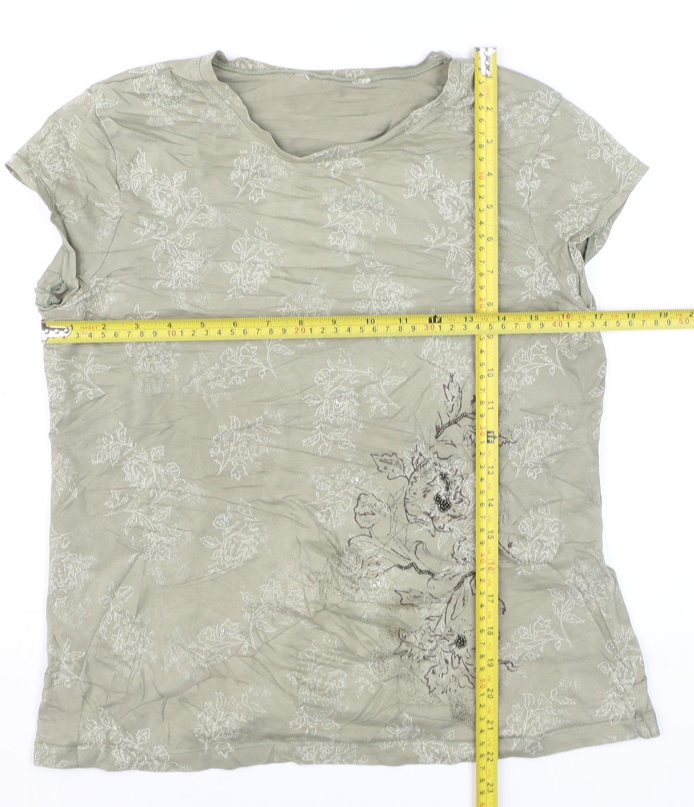 Marks and Spencer Women’s Green Floral Cotton Blend T-Shirt UK 16