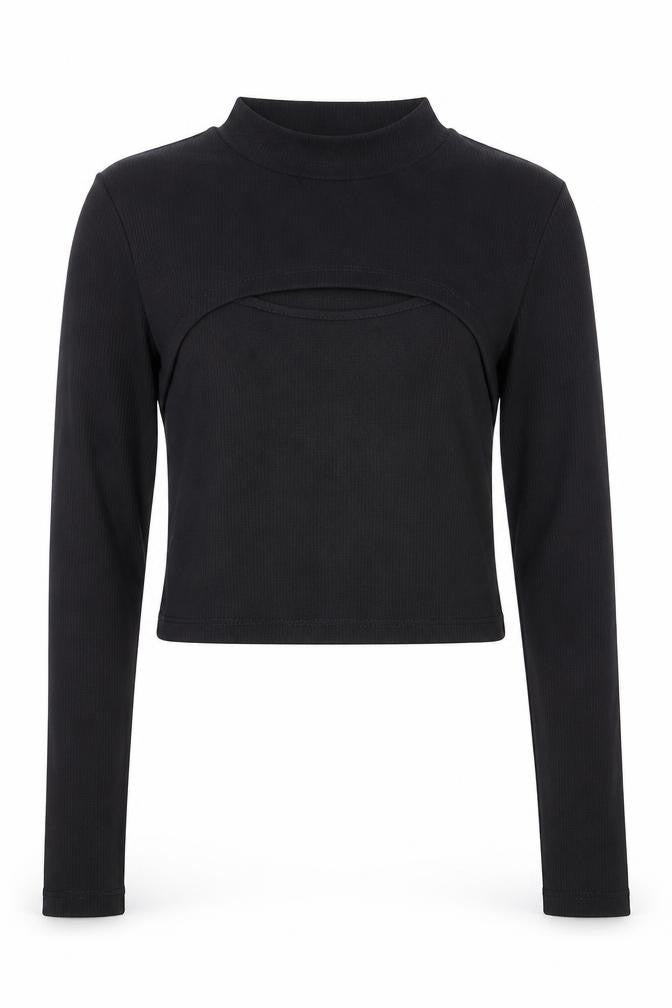 Front view of New Look 915 girls’ black ribbed mock neck cropped long sleeve t-shirt age 12-13