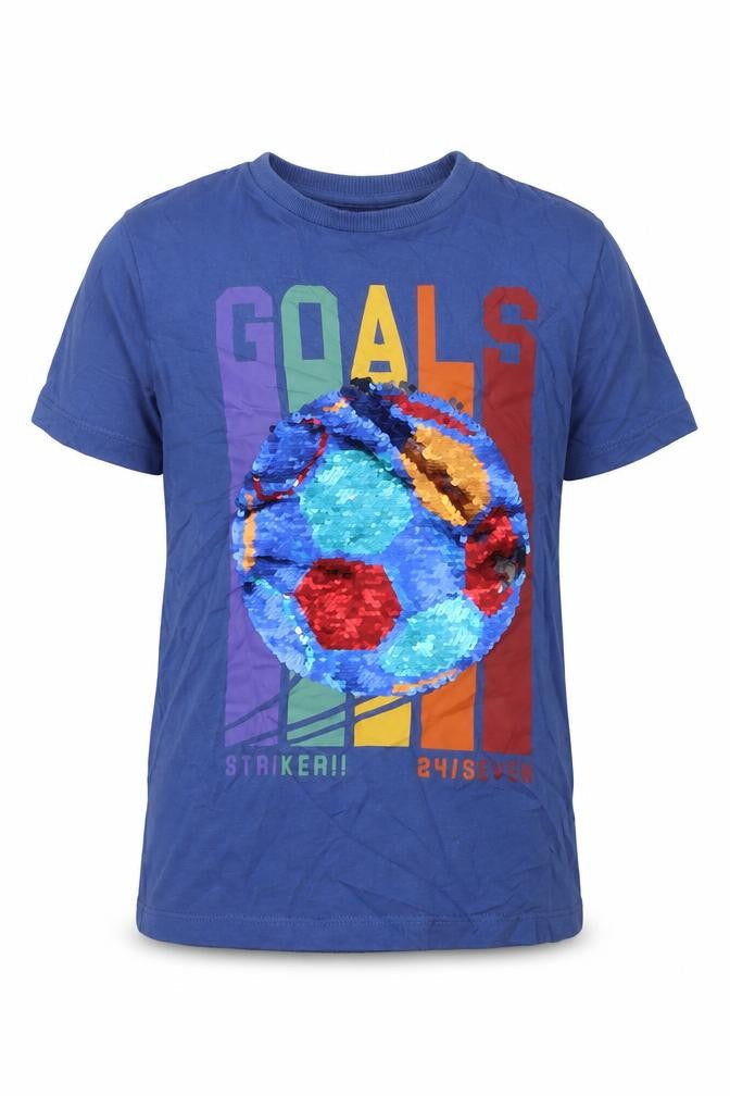 Next Boys Blue Sequin Football Goals T-Shirt 8 Years Short Sleeve Cotton
