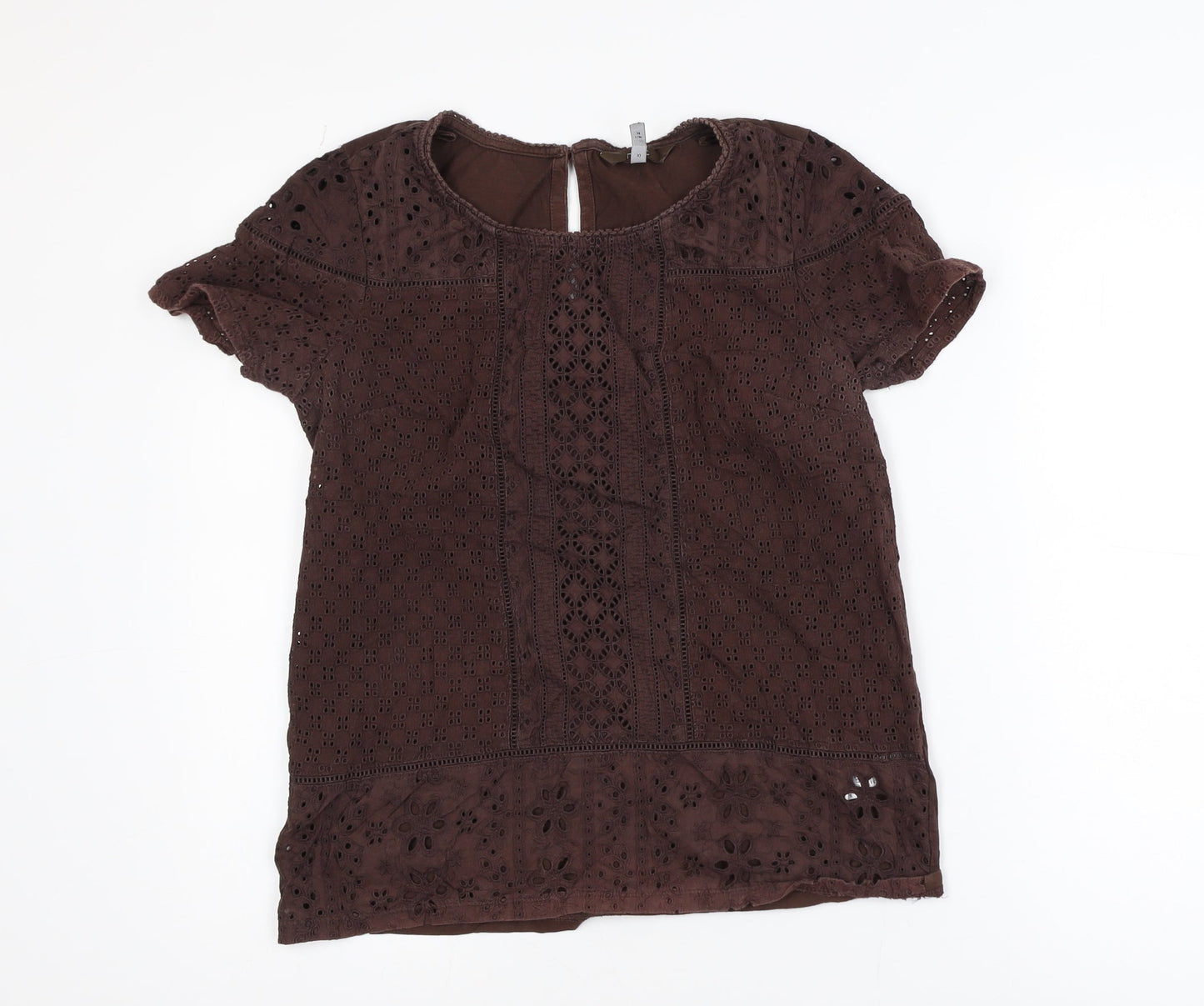Next Women Brown Cotton Lace Tunic Blouse Size 10 Short Sleeve