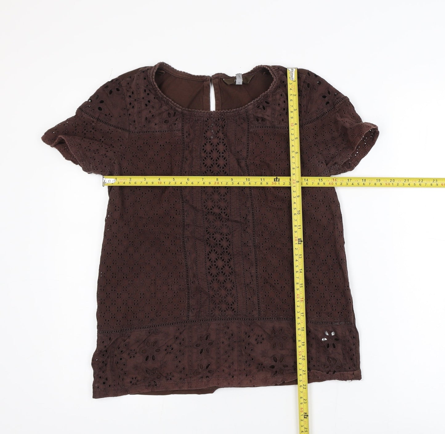 Next Women Brown Cotton Lace Tunic Blouse Size 10 Short Sleeve