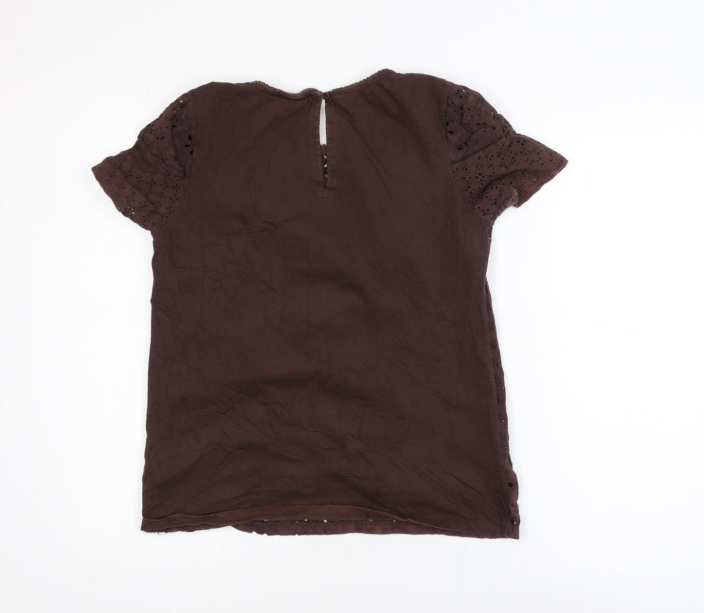 Next Women Brown Cotton Lace Tunic Blouse Size 10 Short Sleeve