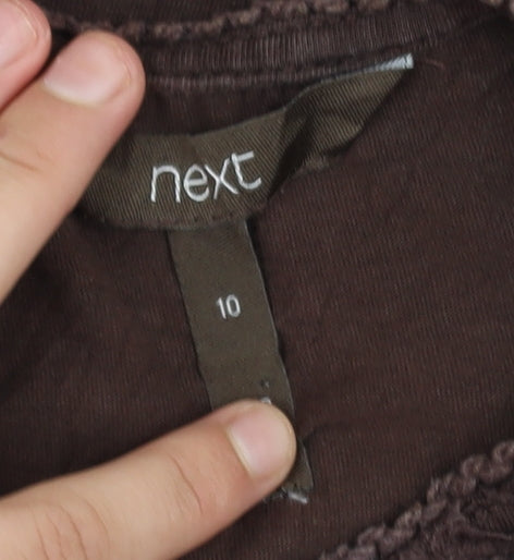 Next Women Brown Cotton Lace Tunic Blouse Size 10 Short Sleeve