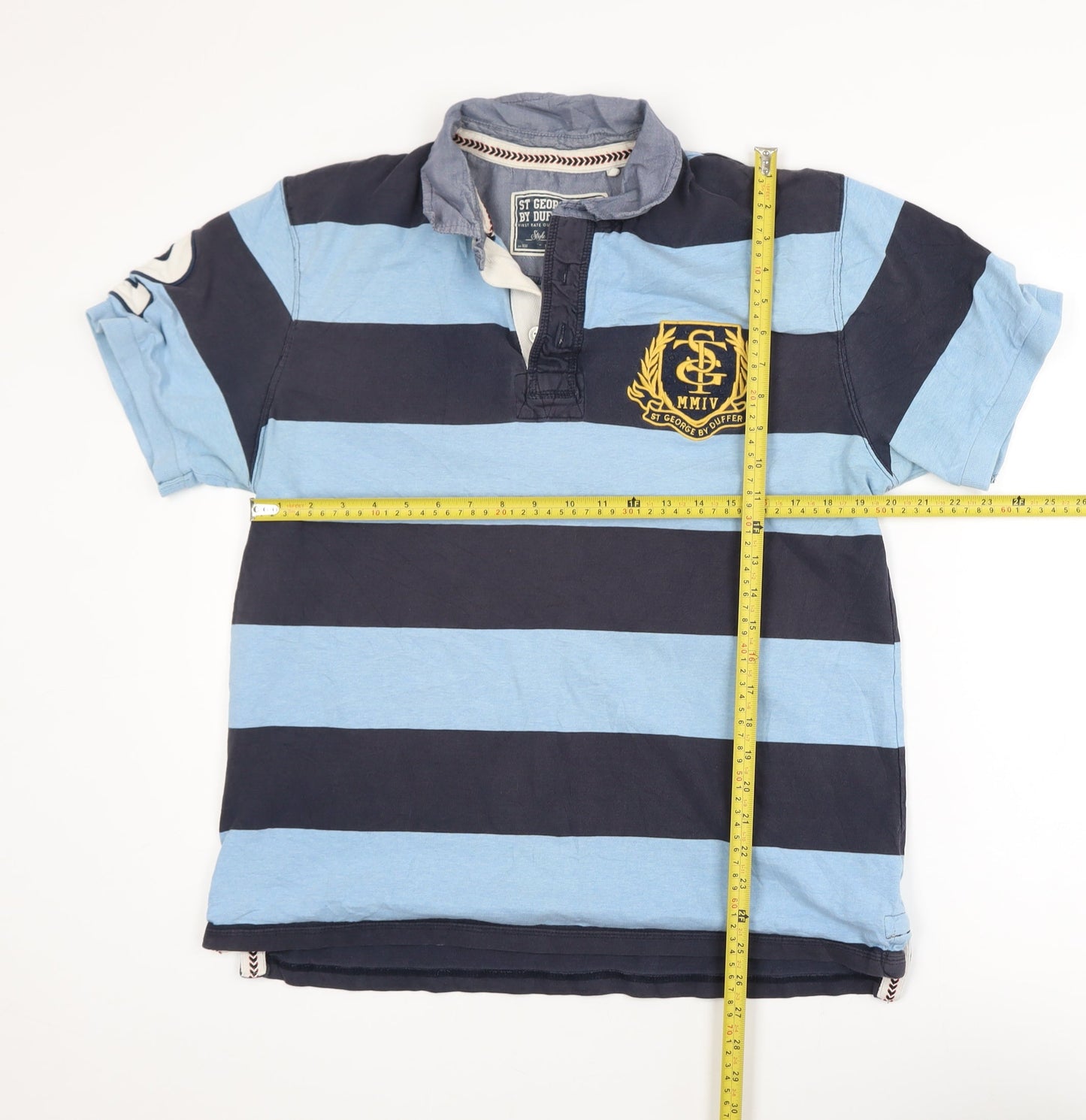 St George By Duffer Men's Blue Striped Polo Shirt Size L Rugby Style