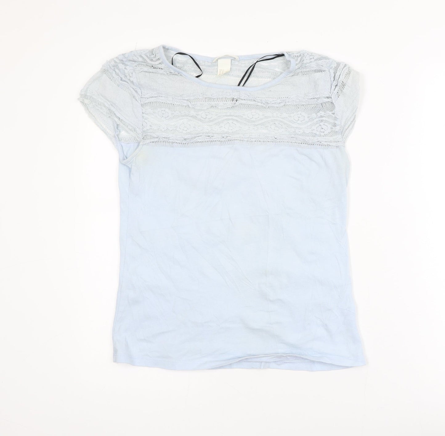 H&M Women’s Blue Lace Panel Short Sleeve Cotton T-Shirt Size 12