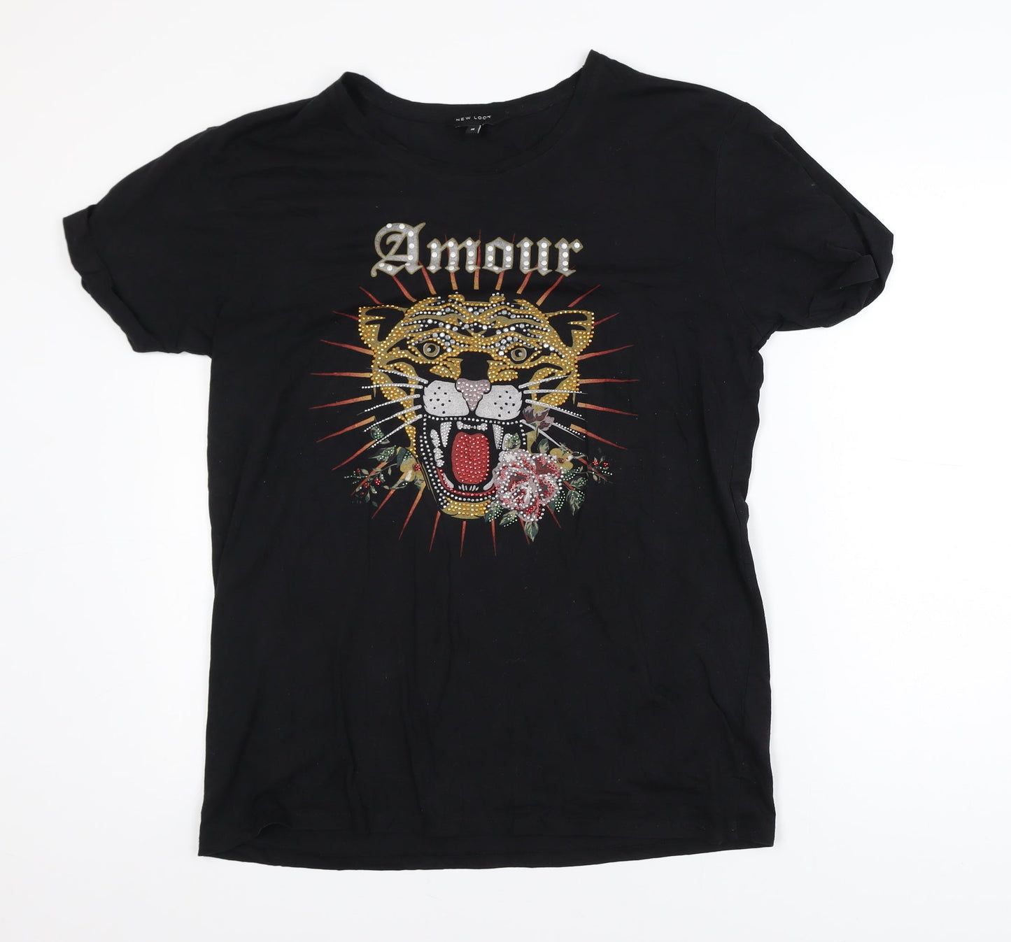 New Look Women's Black Animal Print Rhinestone T-Shirt Size 16