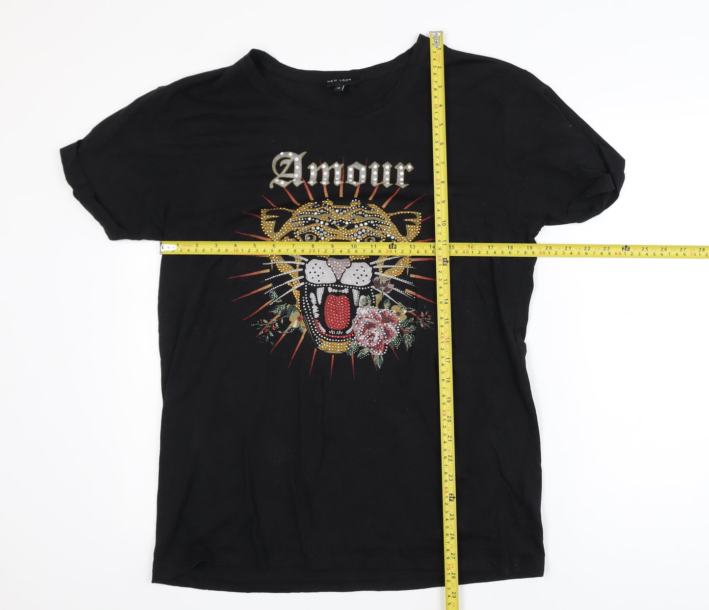 New Look Women's Black Animal Print Rhinestone T-Shirt Size 16