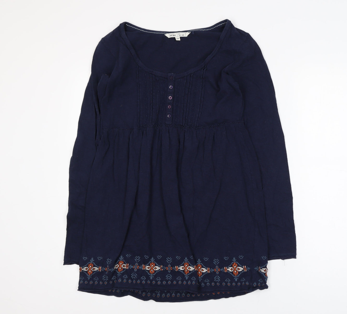 Fat Face Women Blue Cotton Tunic Blouse Size 12 Bohemian Embroidered