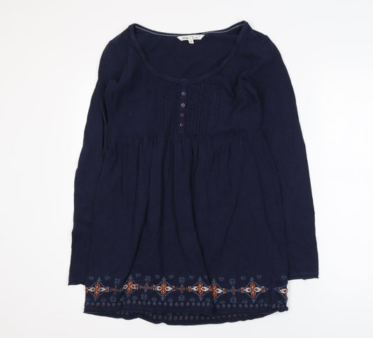 Fat Face Women Blue Cotton Tunic Blouse Size 12 Bohemian Embroidered