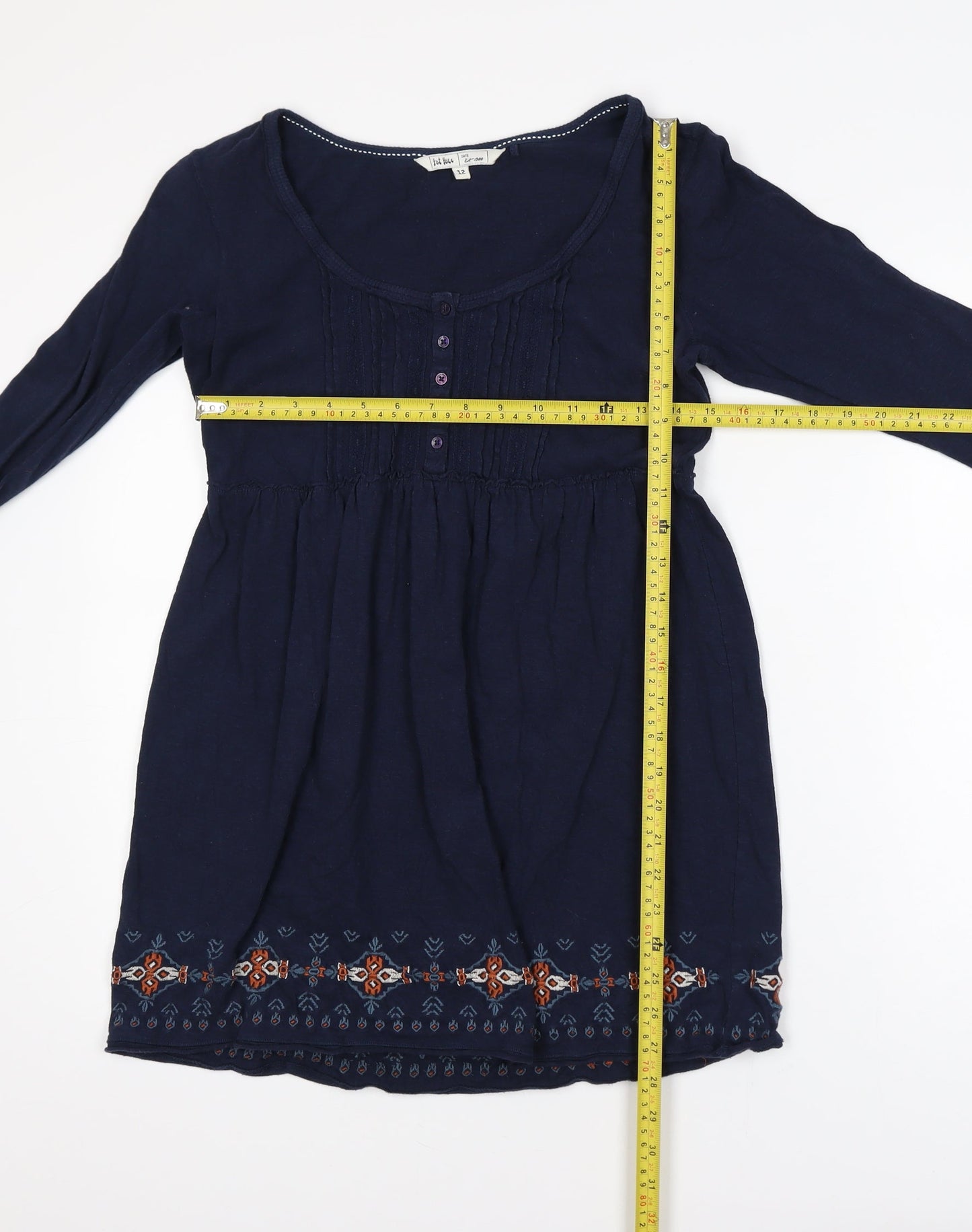 Fat Face Women Blue Cotton Tunic Blouse Size 12 Bohemian Embroidered