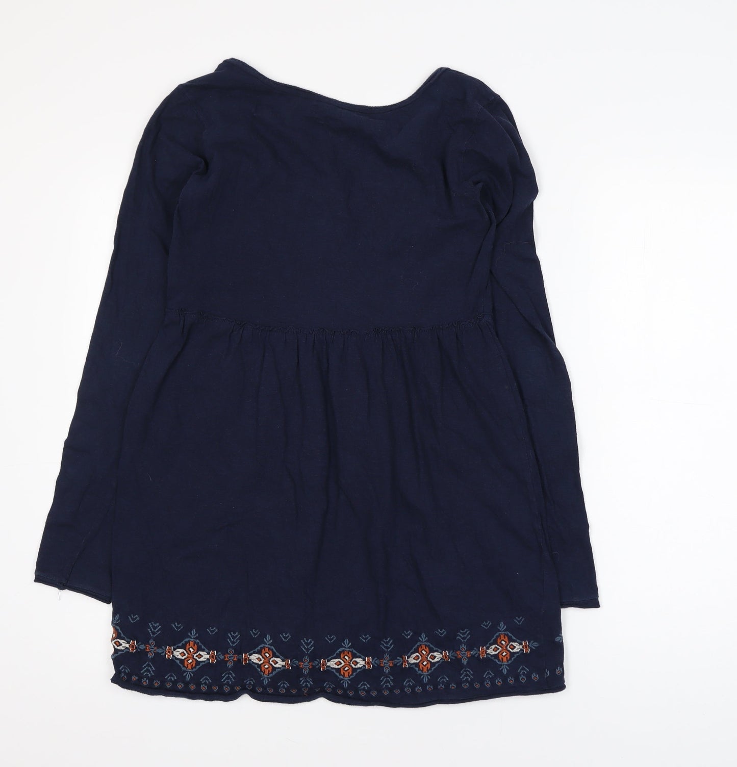 Fat Face Women Blue Cotton Tunic Blouse Size 12 Bohemian Embroidered