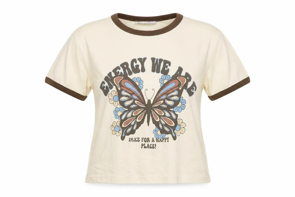 Pull&Bear Womens Beige Butterfly Ringer T-Shirt Size M