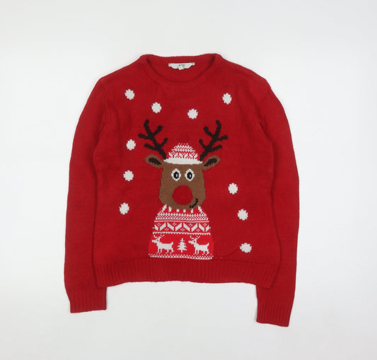 Peacocks Kids Boys Red Reindeer Christmas Jumper 9-10 Years Crew Neck Knit
