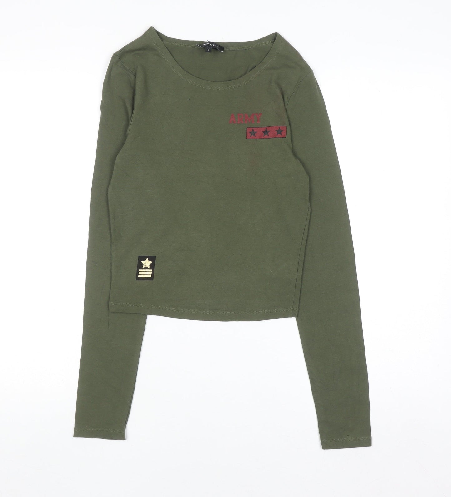 New Look Women's Green Army Long Sleeve Cotton T-Shirt Size 8