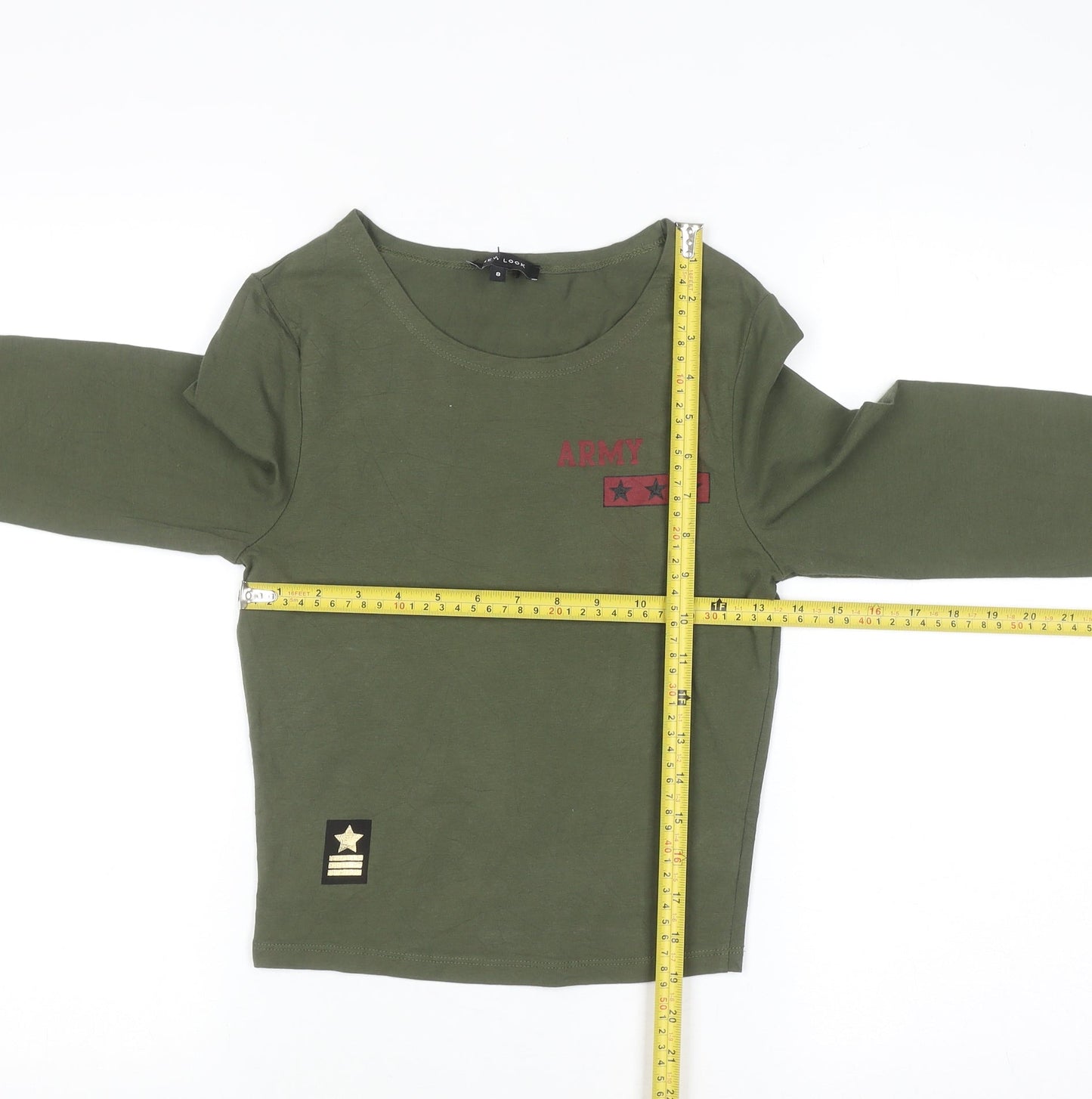 New Look Women's Green Army Long Sleeve Cotton T-Shirt Size 8