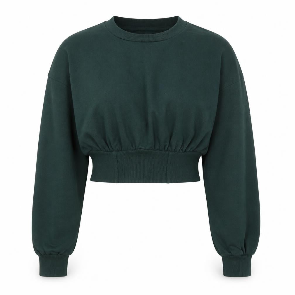Bershka Women Dark Green Cropped Pullover Sweatshirt Size S