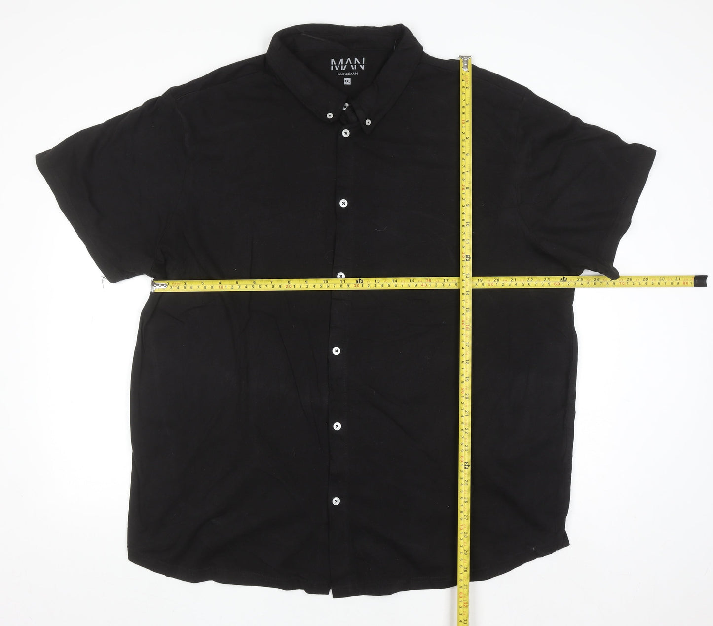 boohooMAN Men's Black Short Sleeve Button-Down Linen Blend Polo Shirt 4XL
