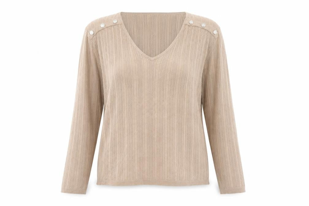 Lipsy Women Beige V-Neck Button Shoulder Long Sleeve Jumper Size 14