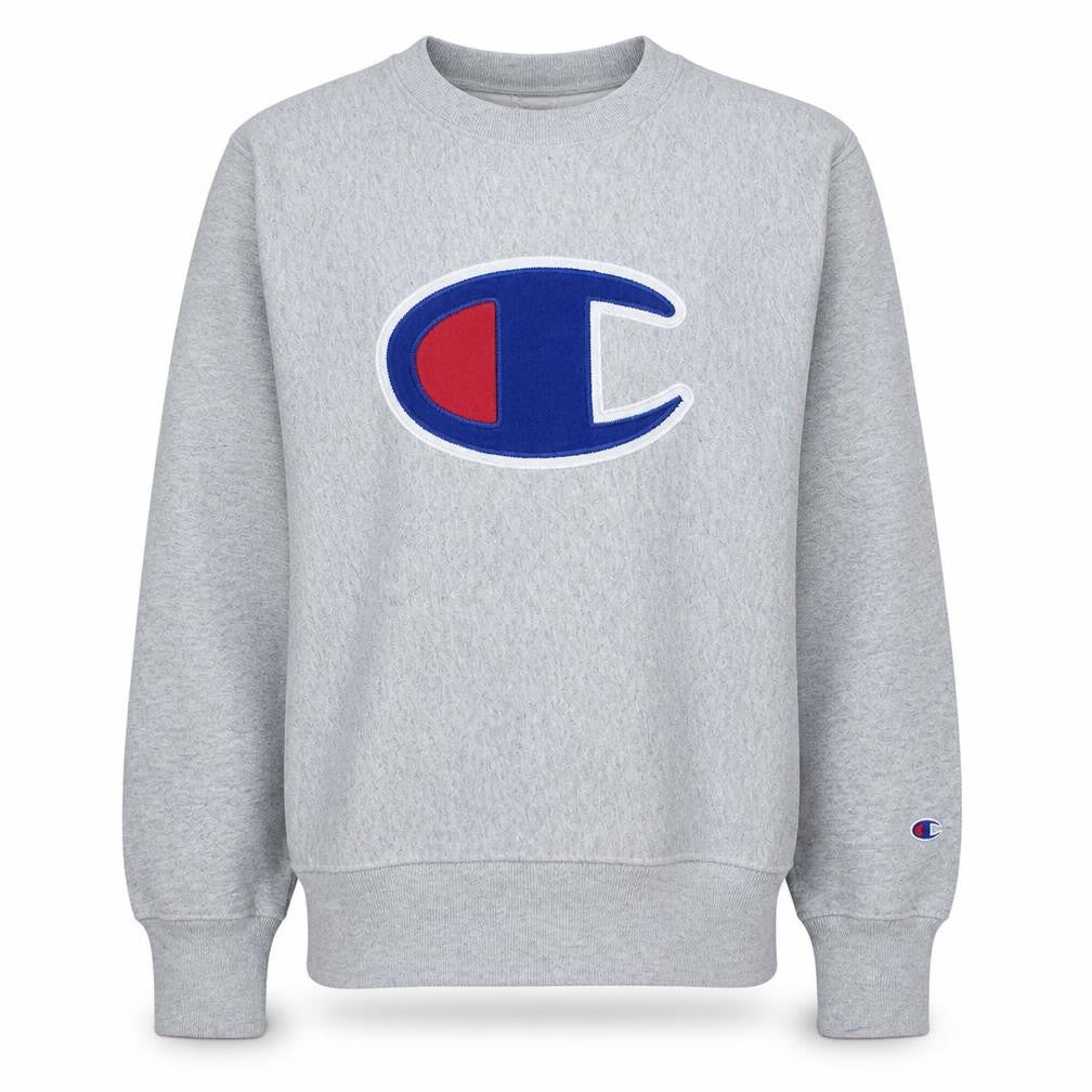Champion Mens Grey Large Pullover Crew Neck Logo Sweatshirt
