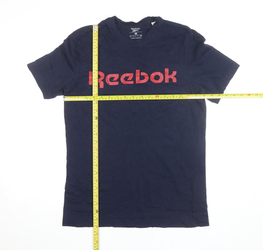 Reebok Men Blue Medium Logo Graphic Short Sleeve Cotton T-Shirt