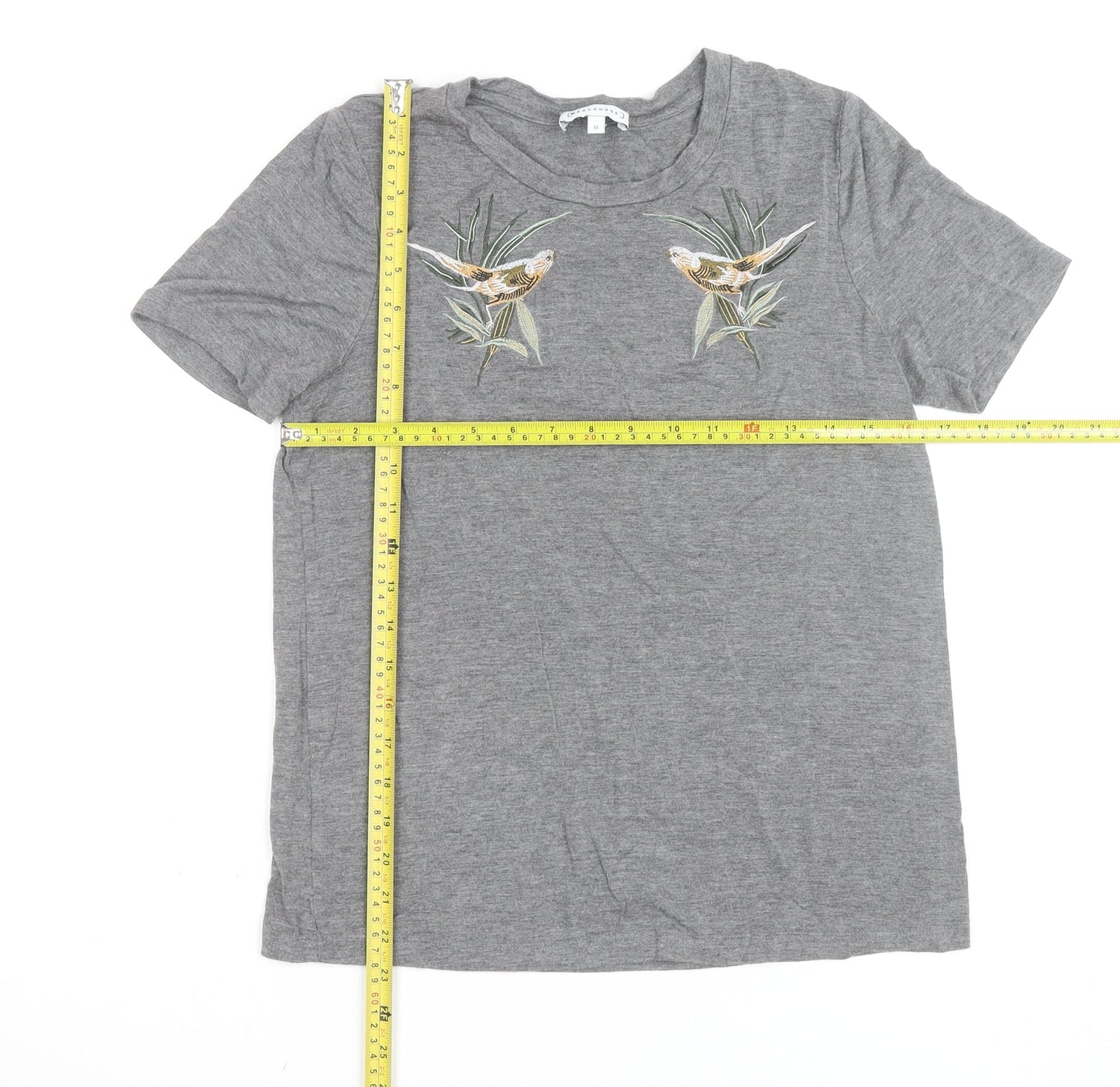 Warehouse Women’s Grey Embroidered Bird Cotton Blend T-Shirt Size 12
