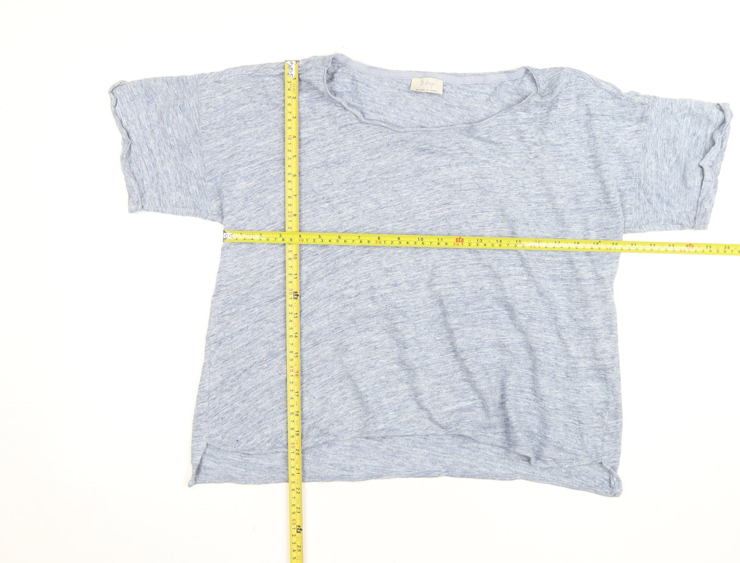 Wrap Women Blue Linen Short Sleeve Basic T-Shirt Size S
