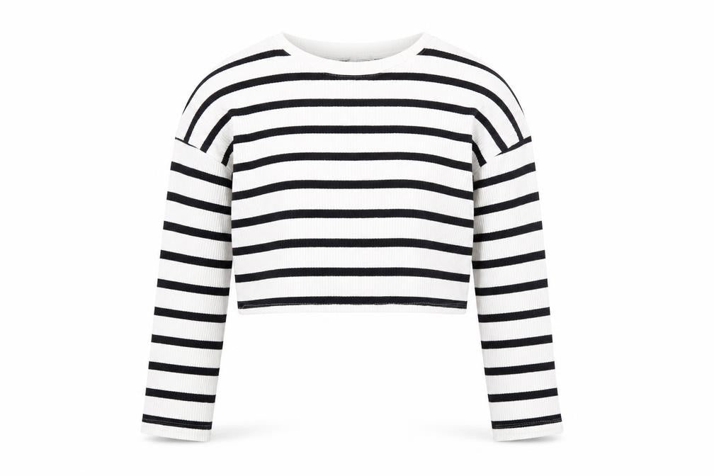 Pull&Bear Womens Black White Striped Cropped Long Sleeve Top Size S