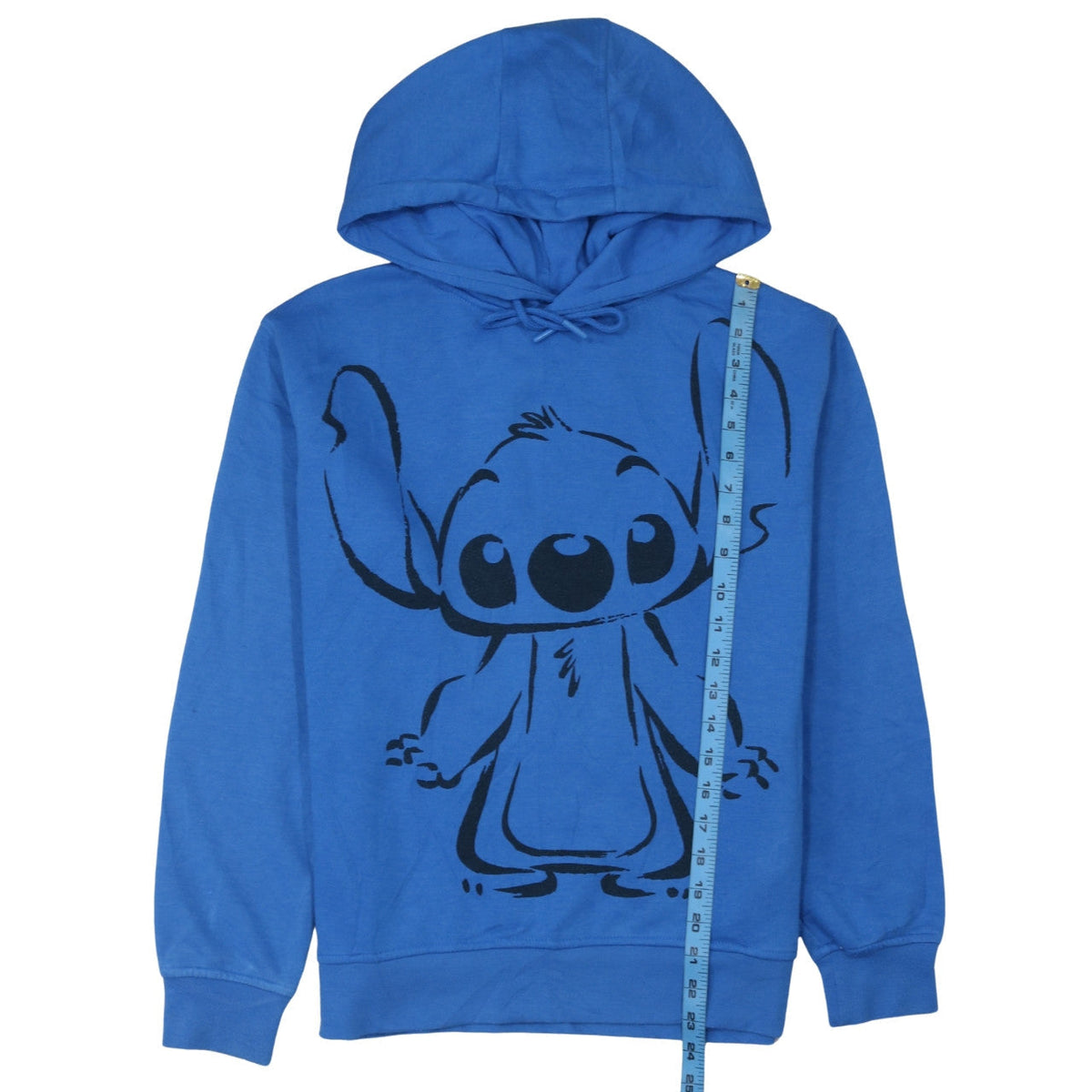 Close-up detail of Disney women’s blue stitch pullover hoodie xs cotton sweatshirt