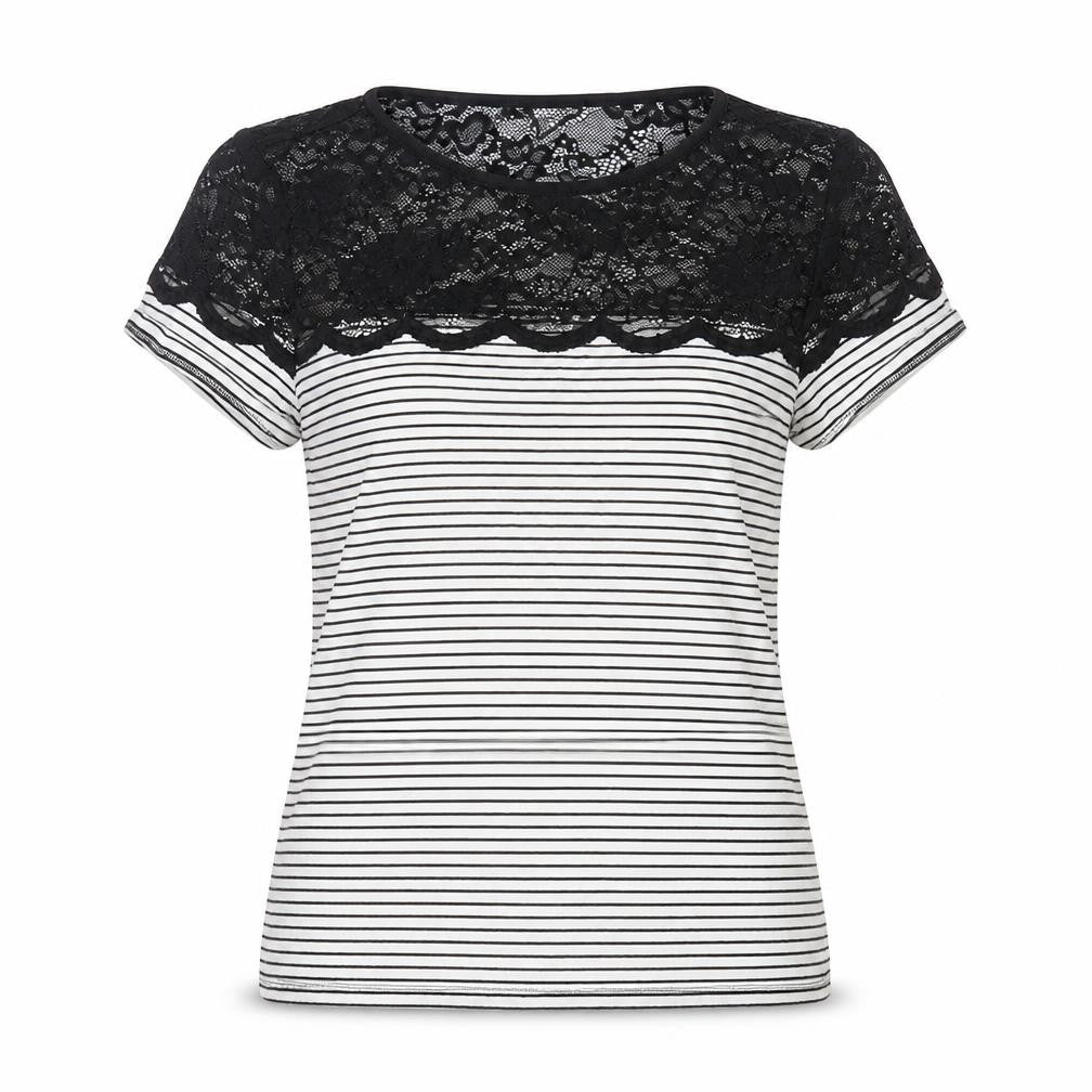 H&M Women Black Striped Lace Short Sleeve Cotton T-Shirt Size 12