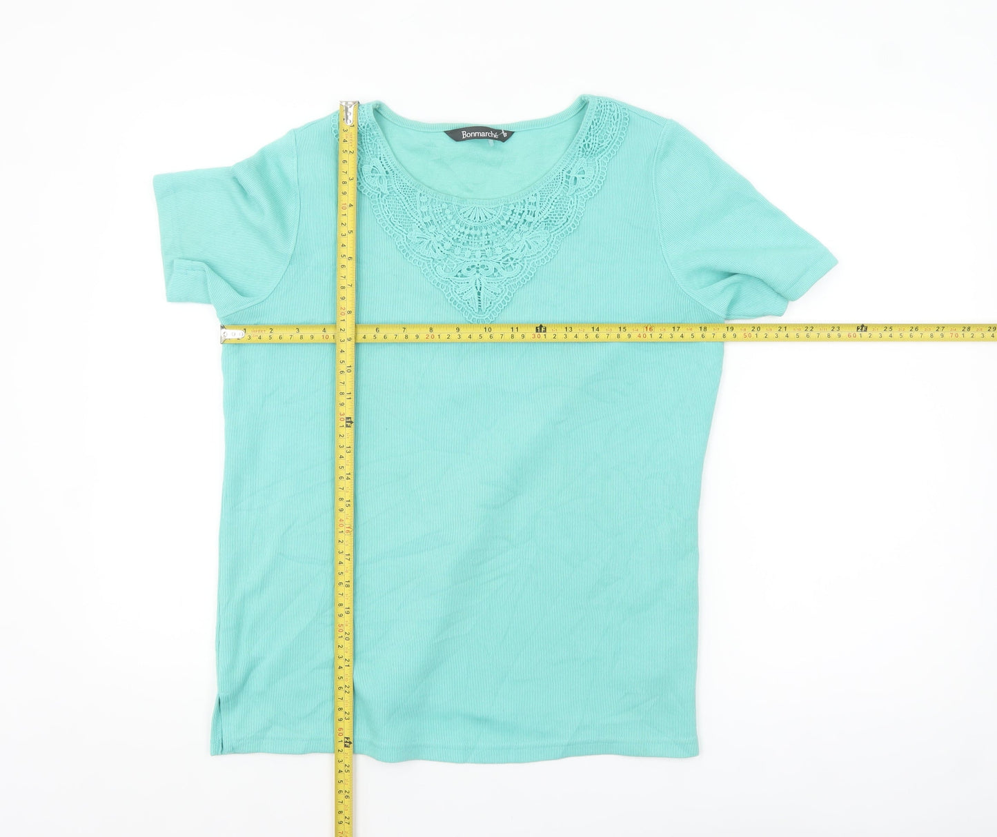 Bonmarche Womens Green Crochet Neck Short Sleeve T-Shirt Size S