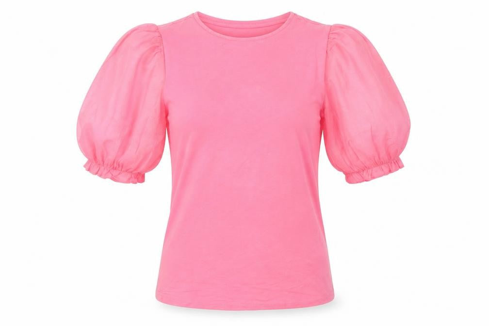 H&M Women Pink Puff Sleeve Crew Neck Cotton Blend T-Shirt XS