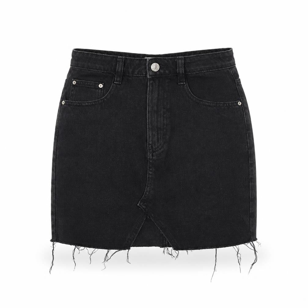 Pull&Bear Women’s Black Denim Mini Skirt Size S High Rise Frayed Hem