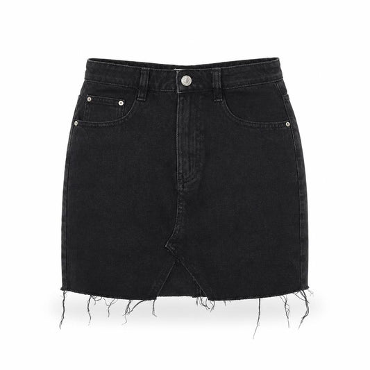 Pull & Bear Women’s Black Denim Mini Skirt Size S High Rise Frayed Hem