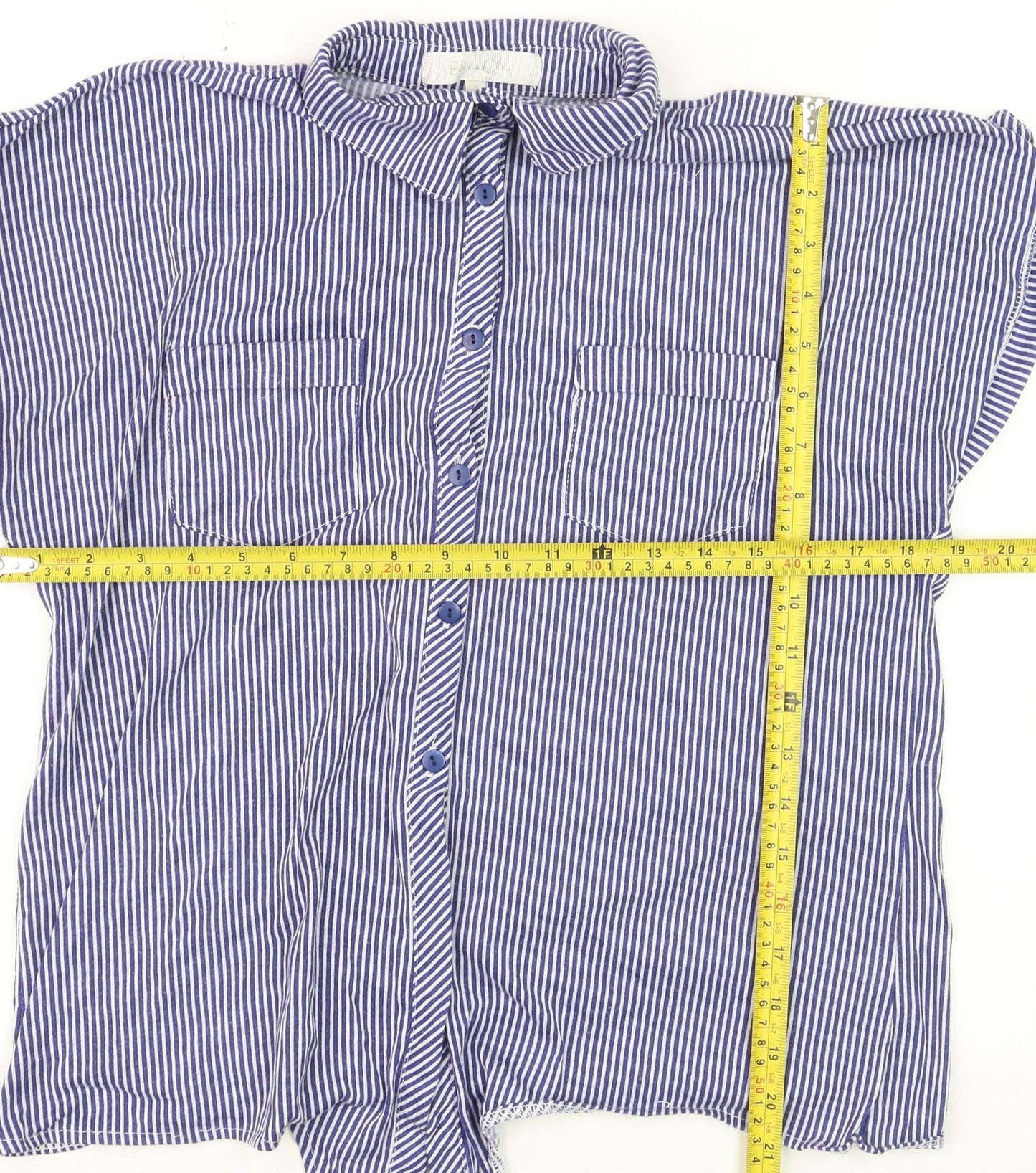 Eden & Olivia Women's Blue Striped Button-Up Short Sleeve Cotton Shirt M