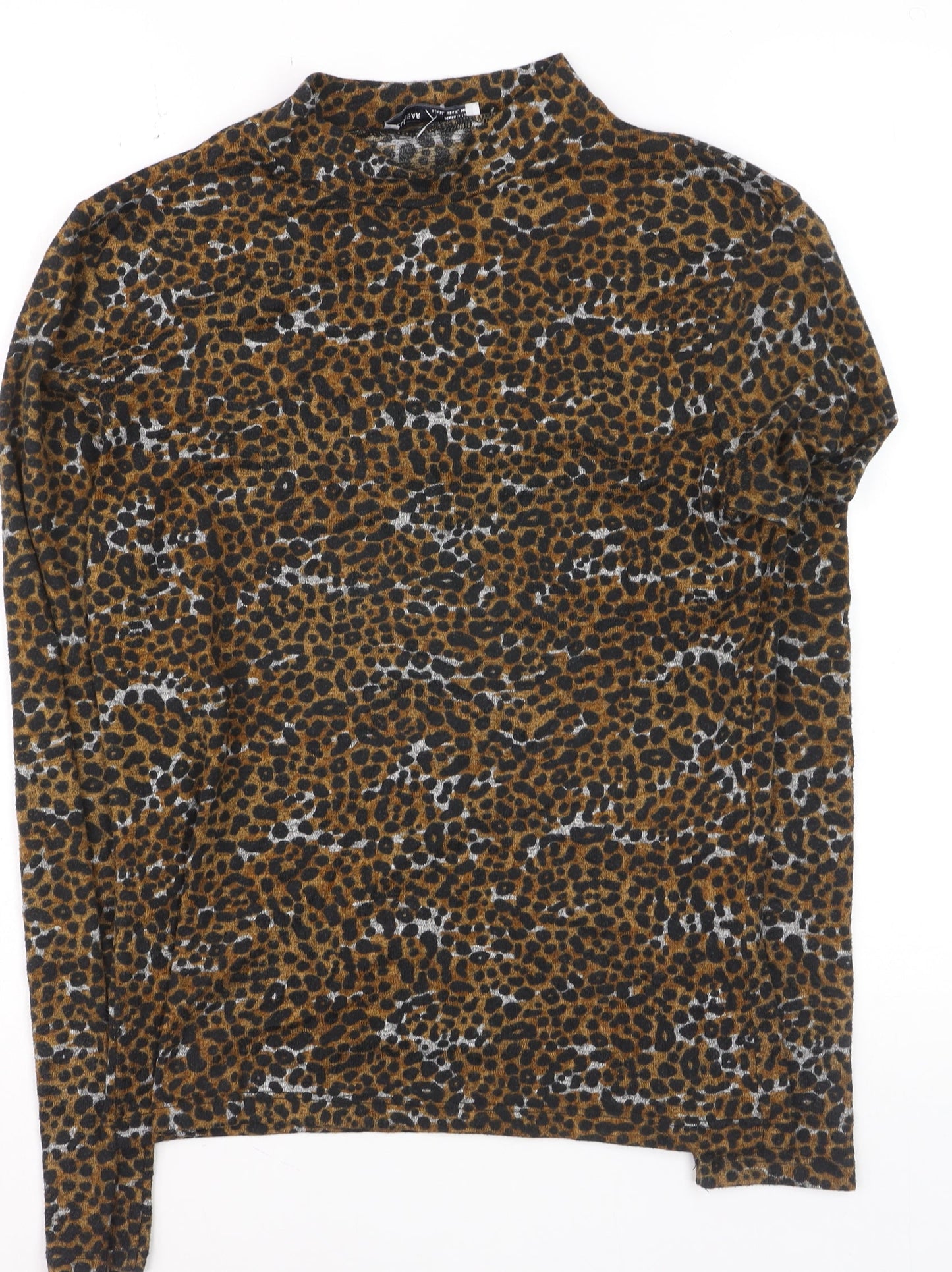 Pull & Bear Women’s Brown Leopard Mock Neck Long Sleeve Stretch Top Size 10