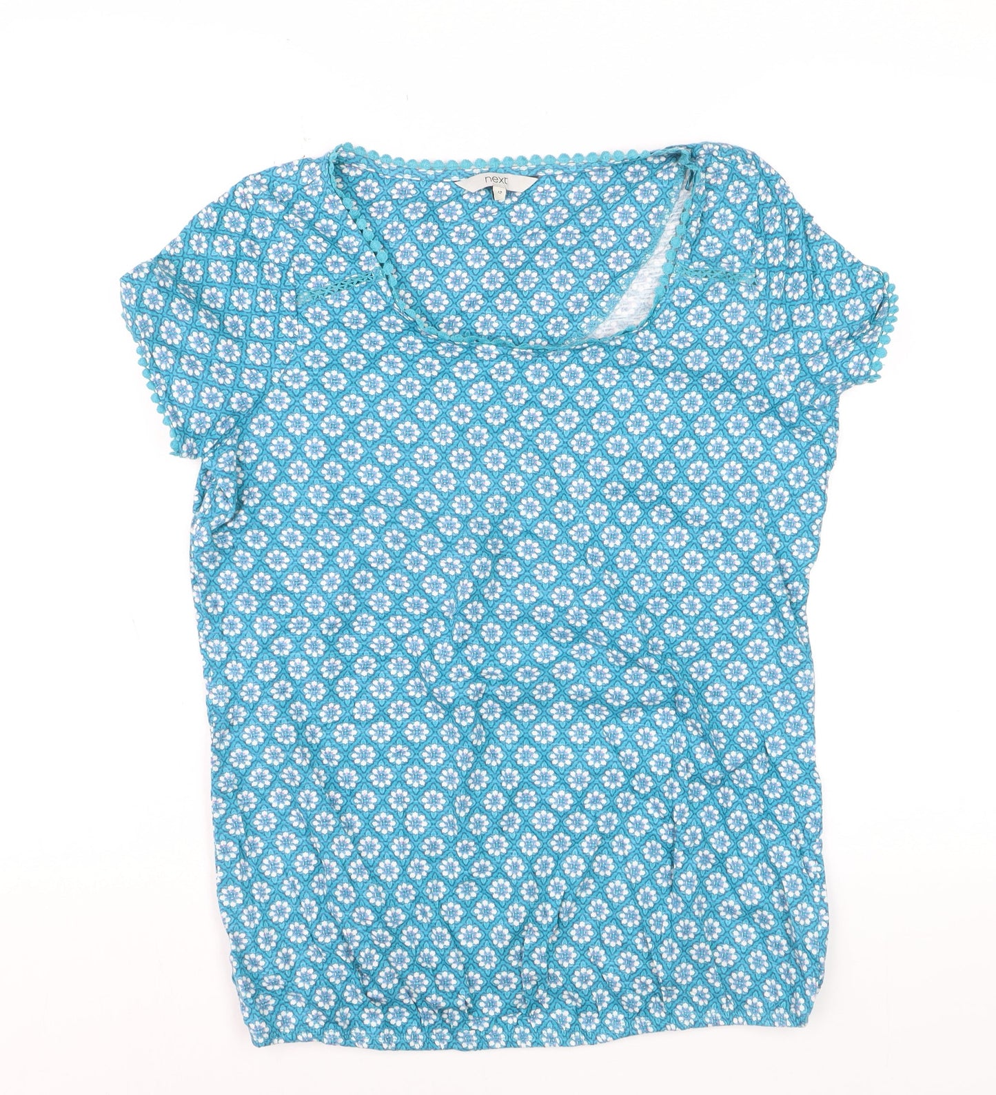 Next Women Blue Floral Cotton T-Shirt Size 12 Short Sleeve
