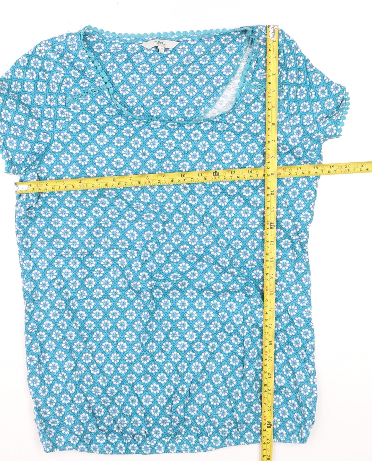 Next Women Blue Floral Cotton T-Shirt Size 12 Short Sleeve